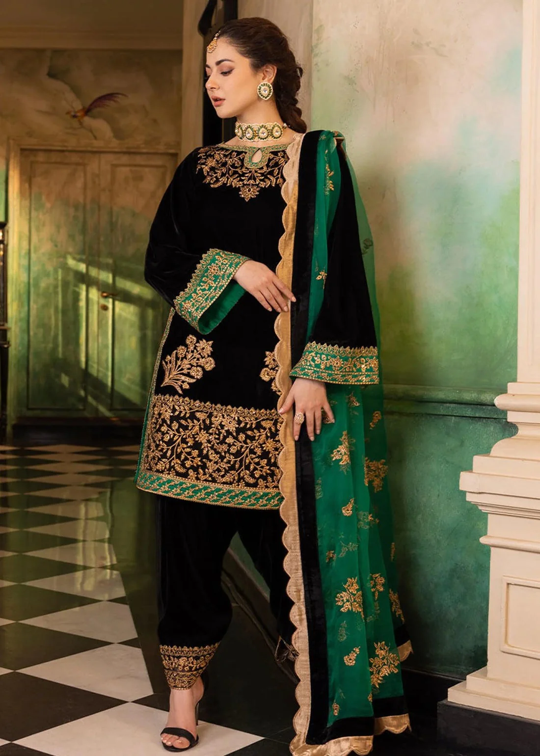 Velvet Embroidered Dress With Organza embroidered Dopata and Silk Trouser WC551 - Image 3
