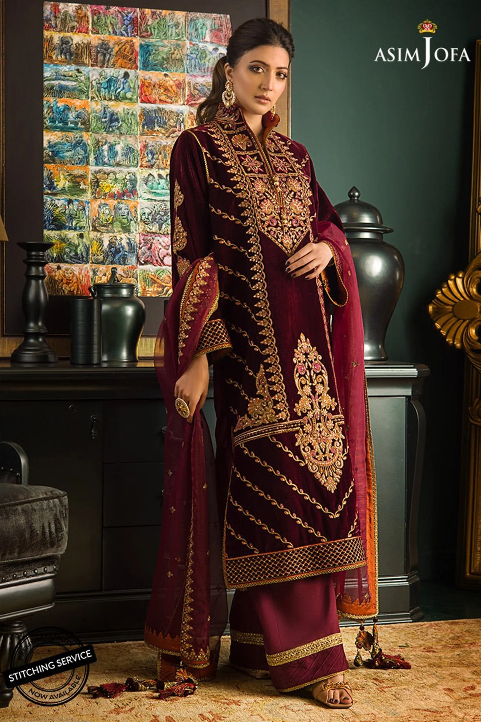 WC1113-Velvet Embroidered Dress With Organza embroidered Dupata - Image 2