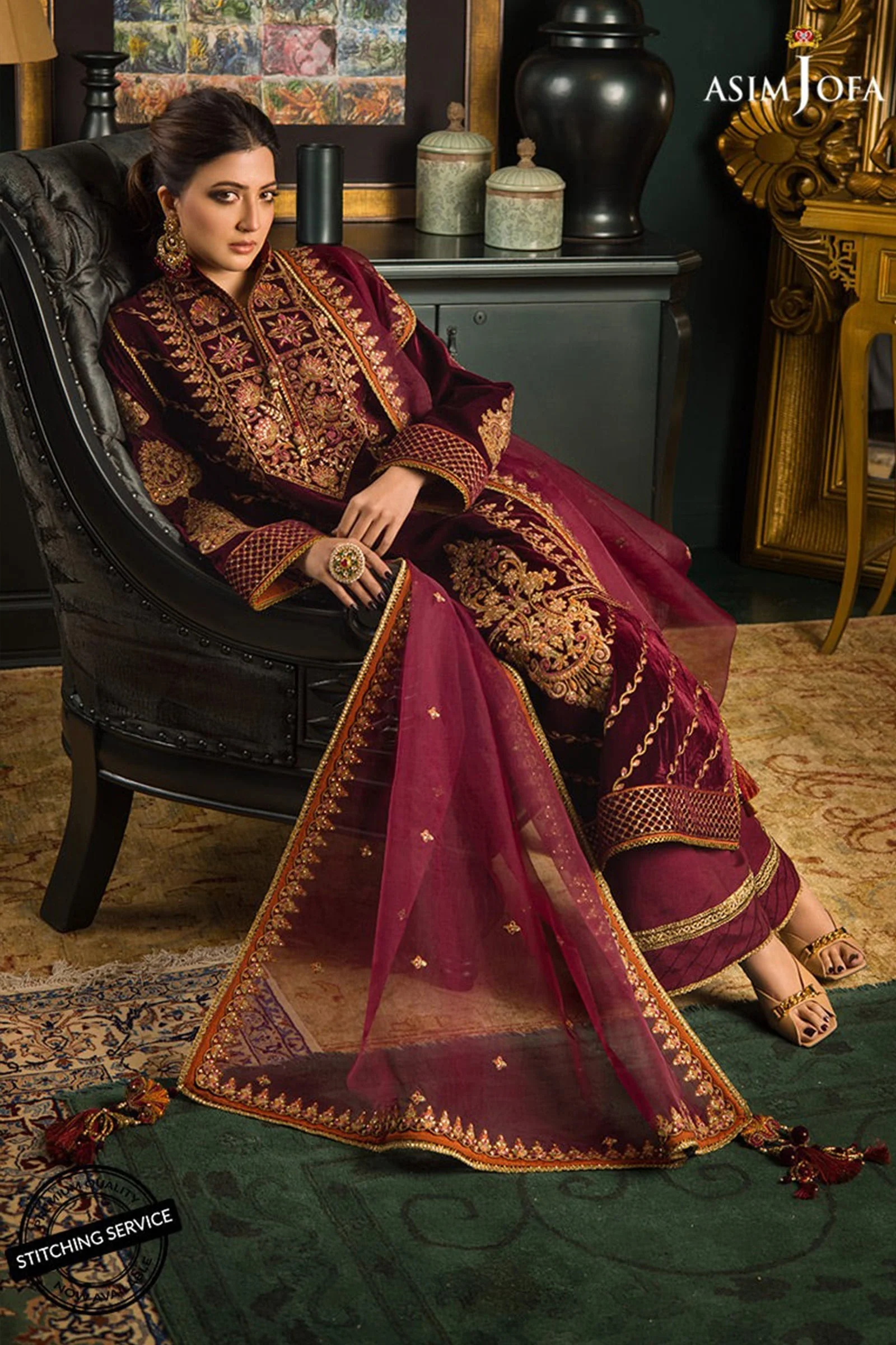 WC1113-Velvet Embroidered Dress With Organza embroidered Dupata - Image 3