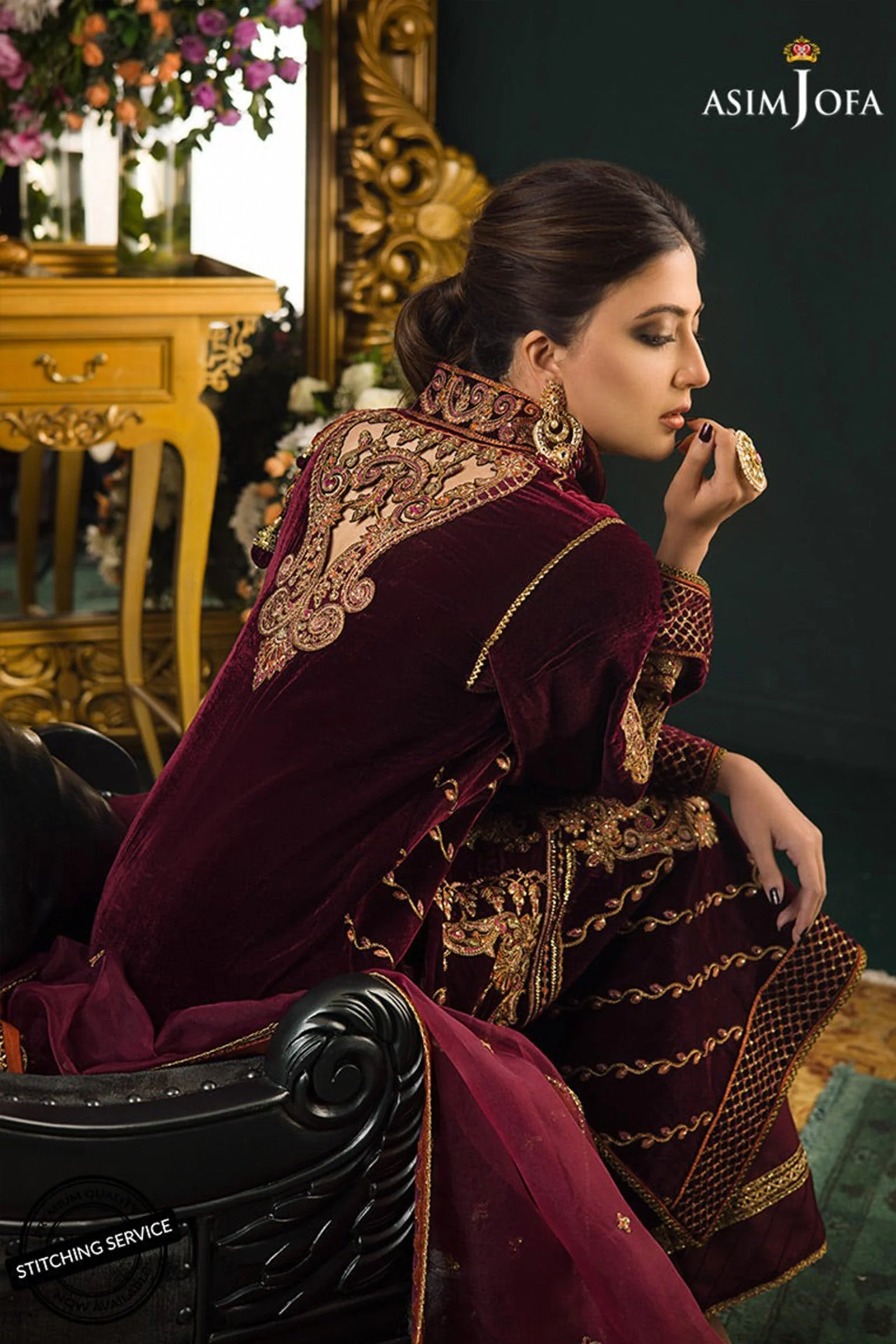 WC1113-Velvet Embroidered Dress With Organza embroidered Dupata - Image 4