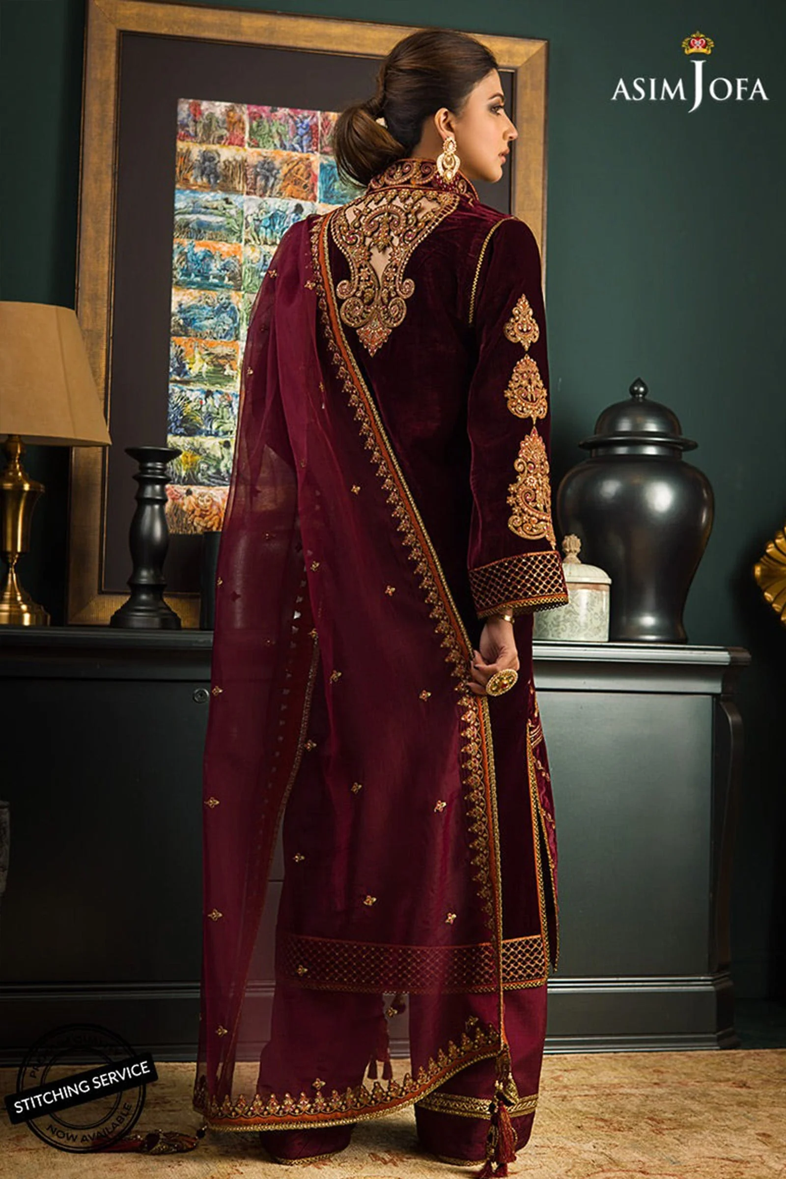 WC1113-Velvet Embroidered Dress With Organza embroidered Dupata - Image 5