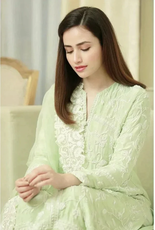 Embroidered Lawn Dress With Organza Embroidered Dupatta Pista 3PC WC001 - Image 3