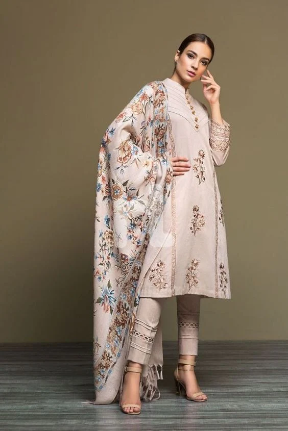 Winter Embroidered Dhanak Suit with Printed Shawll 3 Piece WC589 - Image 2