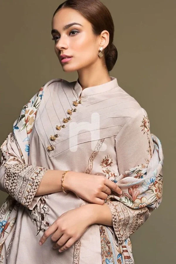 Winter Embroidered Dhanak Suit with Printed Shawll 3 Piece WC589 - Image 4