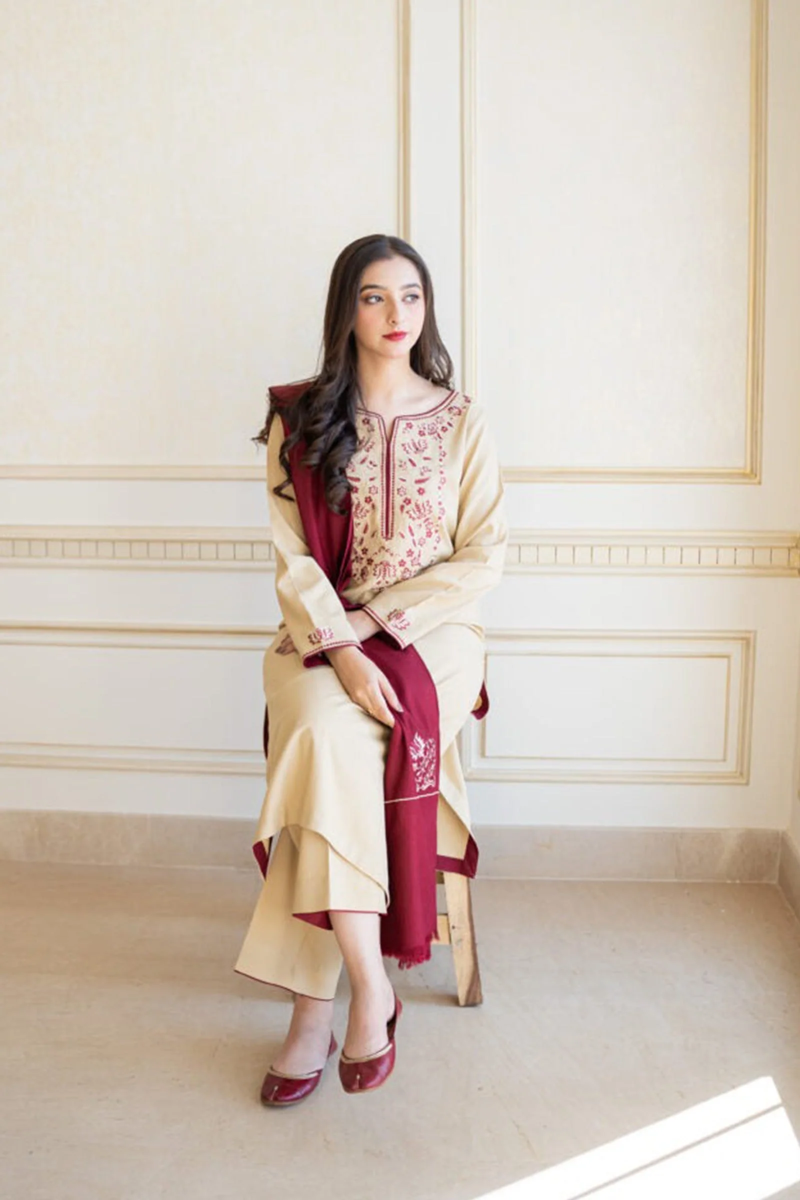 Winter 3 Piece Dhanak dress with Embroidered Shawll WC614 - Image 5