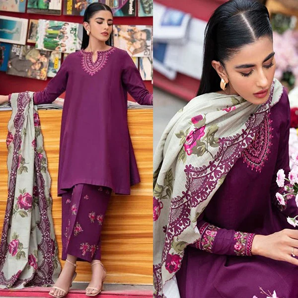 Winter 3 Piece Dhanak Embroidered suit with Printed Shawll WC581