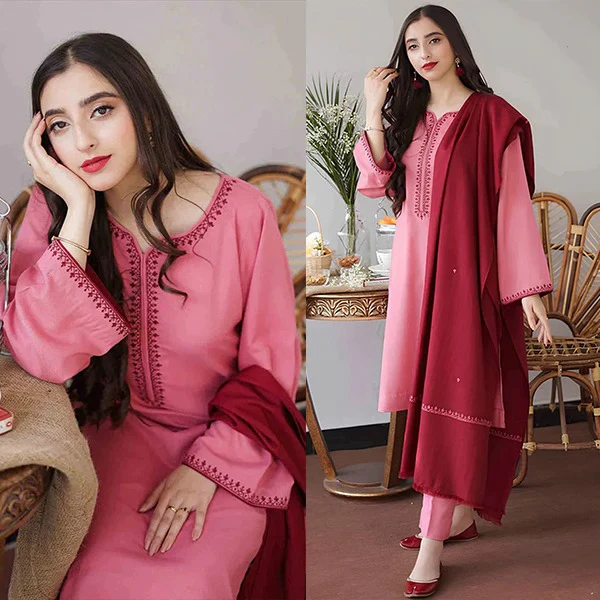 Winter 3 Piece Dhanak suit with Embroidered Dhanak Shawll WC406