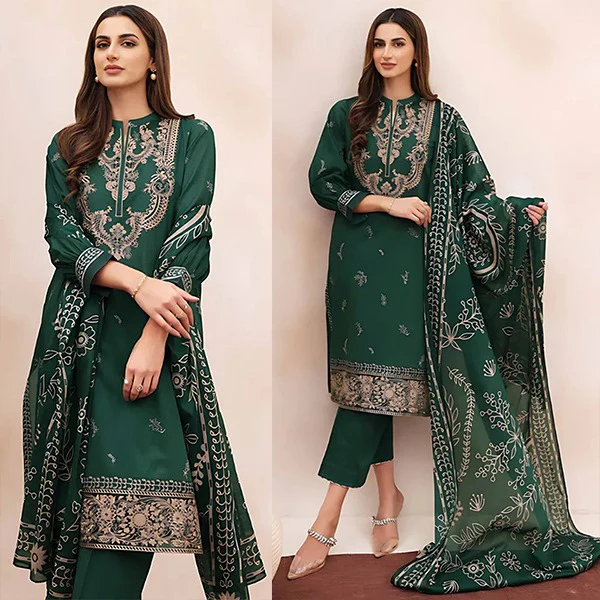Winter 3 Piece Dhannak Embroidered dress with Printed Shawll WC938