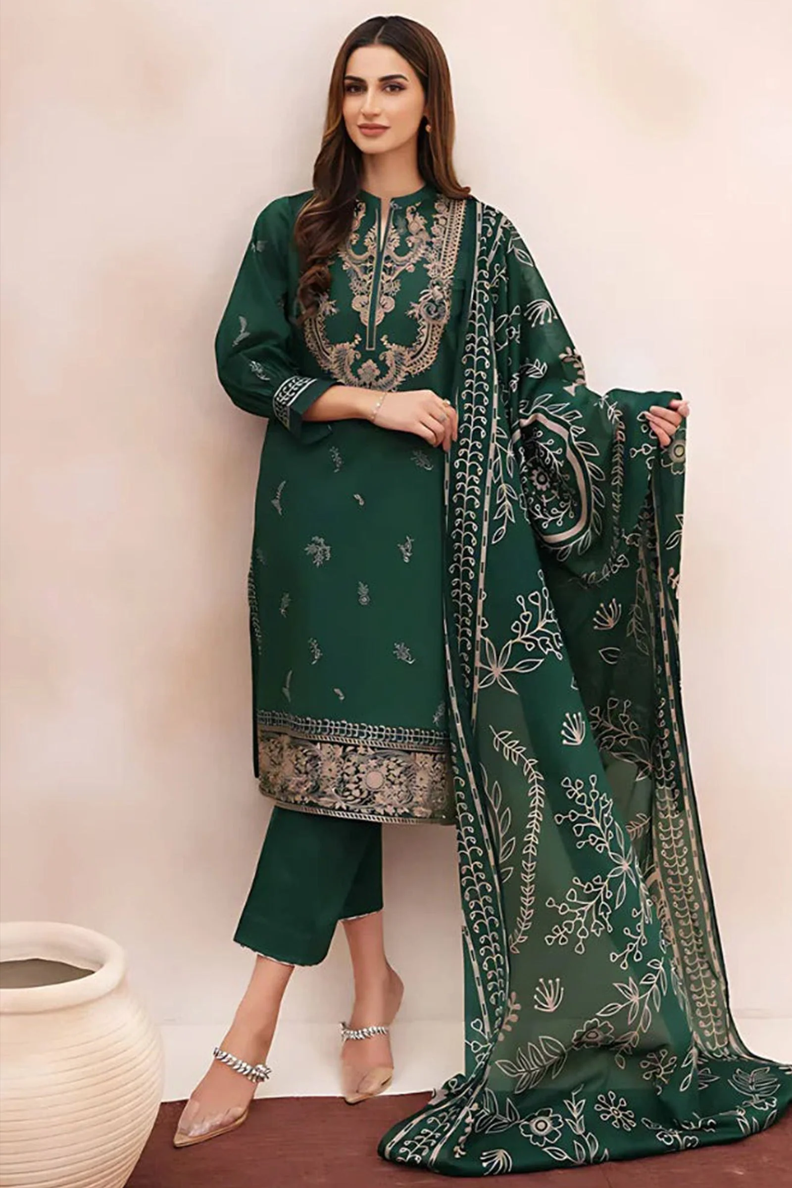 Winter 3 Piece Dhannak Embroidered dress with Printed Shawll WC938 - Image 2