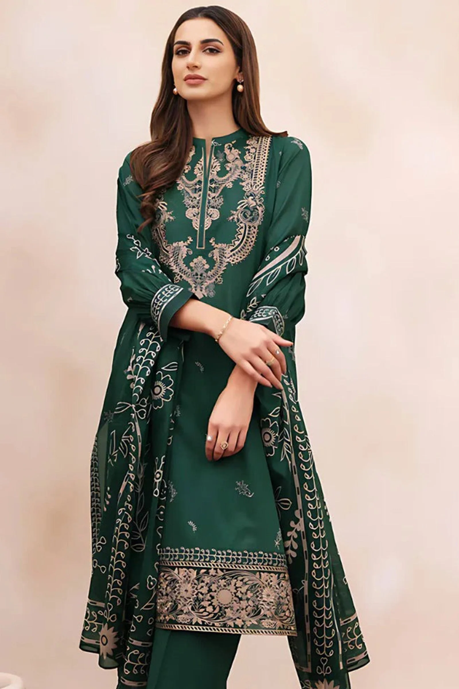 Winter 3 Piece Dhannak Embroidered dress with Printed Shawll WC938 - Image 3