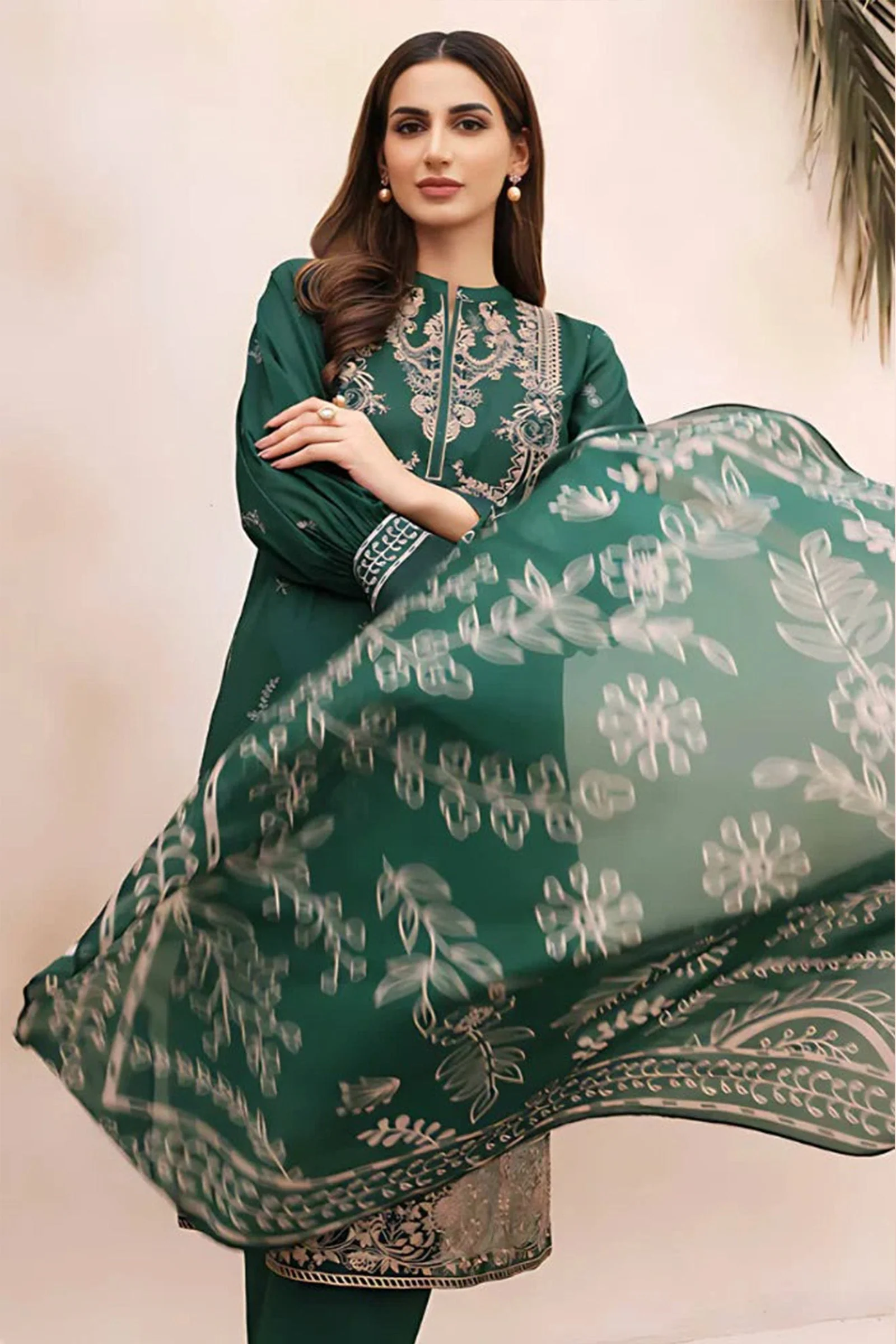 Winter 3 Piece Dhannak Embroidered dress with Printed Shawll WC938 - Image 4