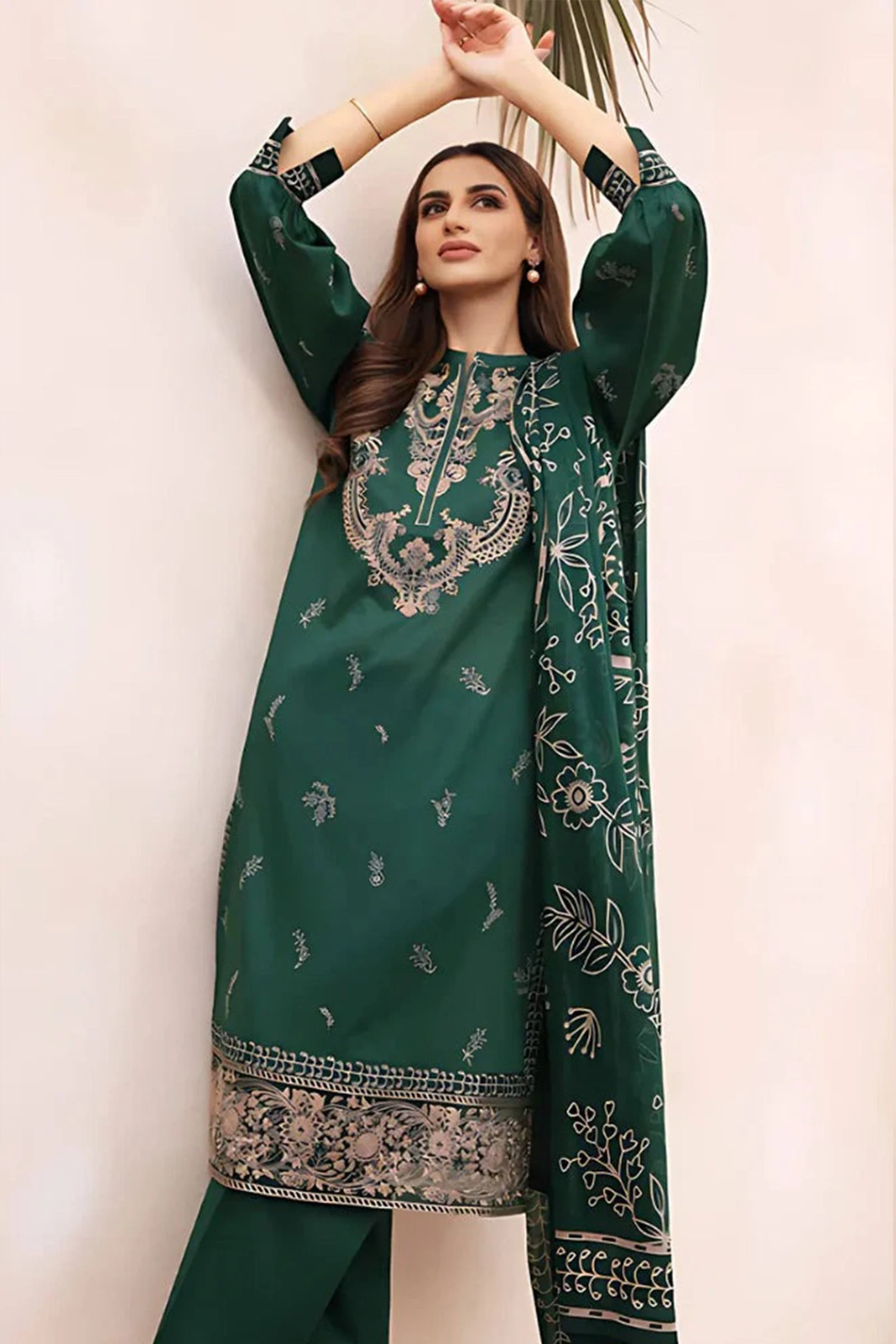 Winter 3 Piece Dhannak Embroidered dress with Printed Shawll WC938 - Image 5