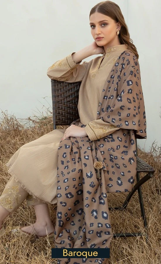 Winter 3 Piece Dhannak Embroidered suit with Printed Shawll WC958 - Image 3