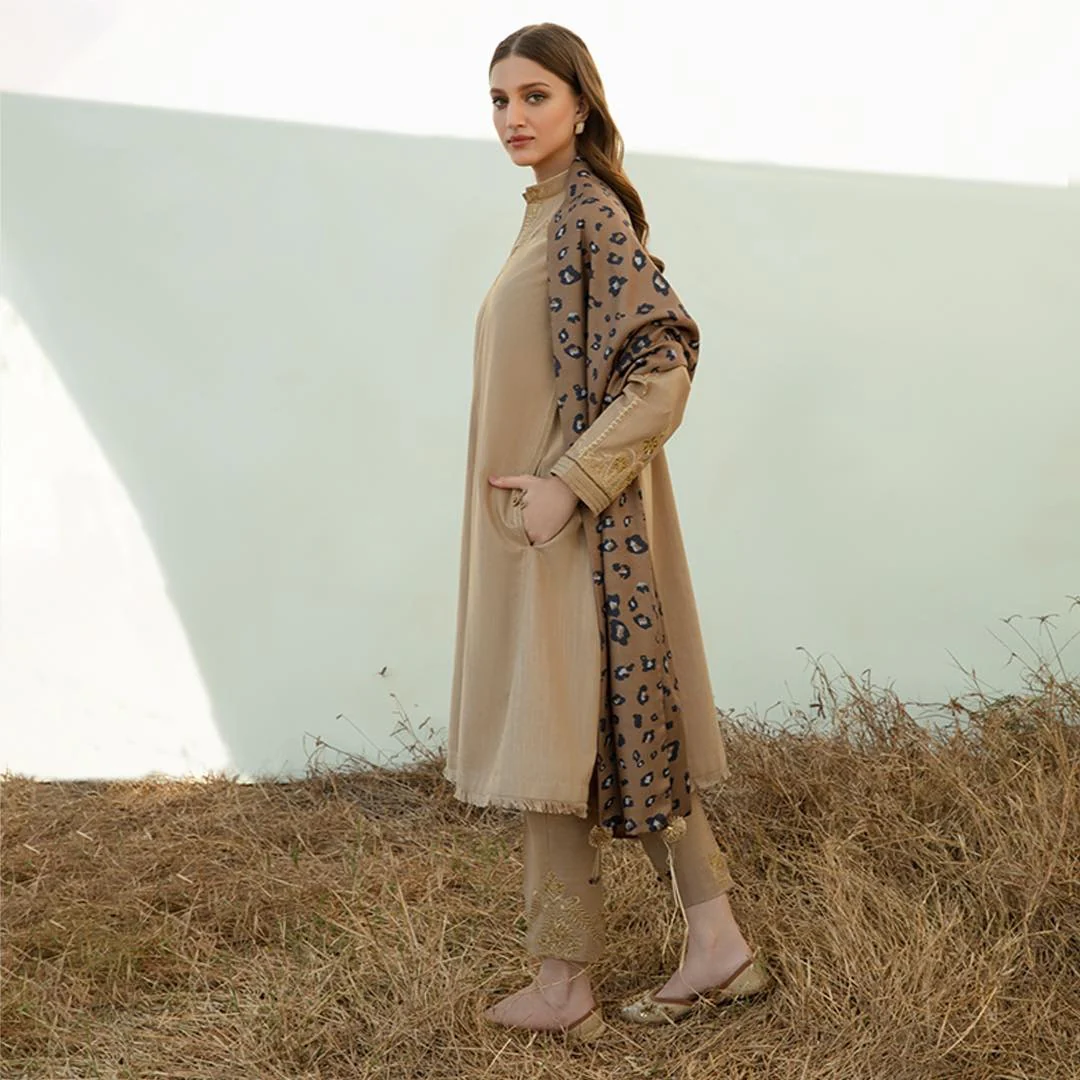 Winter 3 Piece Dhannak Embroidered suit with Printed Shawll WC958 - Image 4