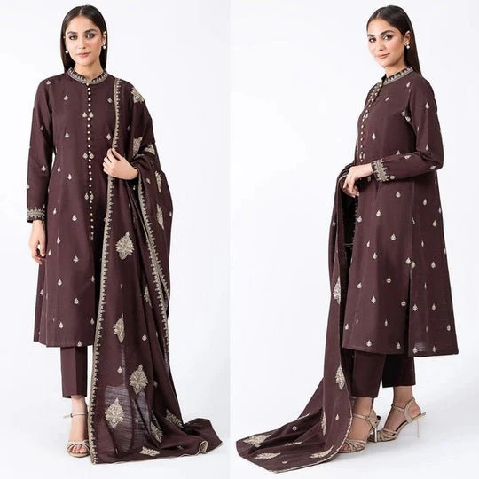 Winter 3 Piece Embroidered Dhanak Suit with Embroidered Dhanak Shawll WC604