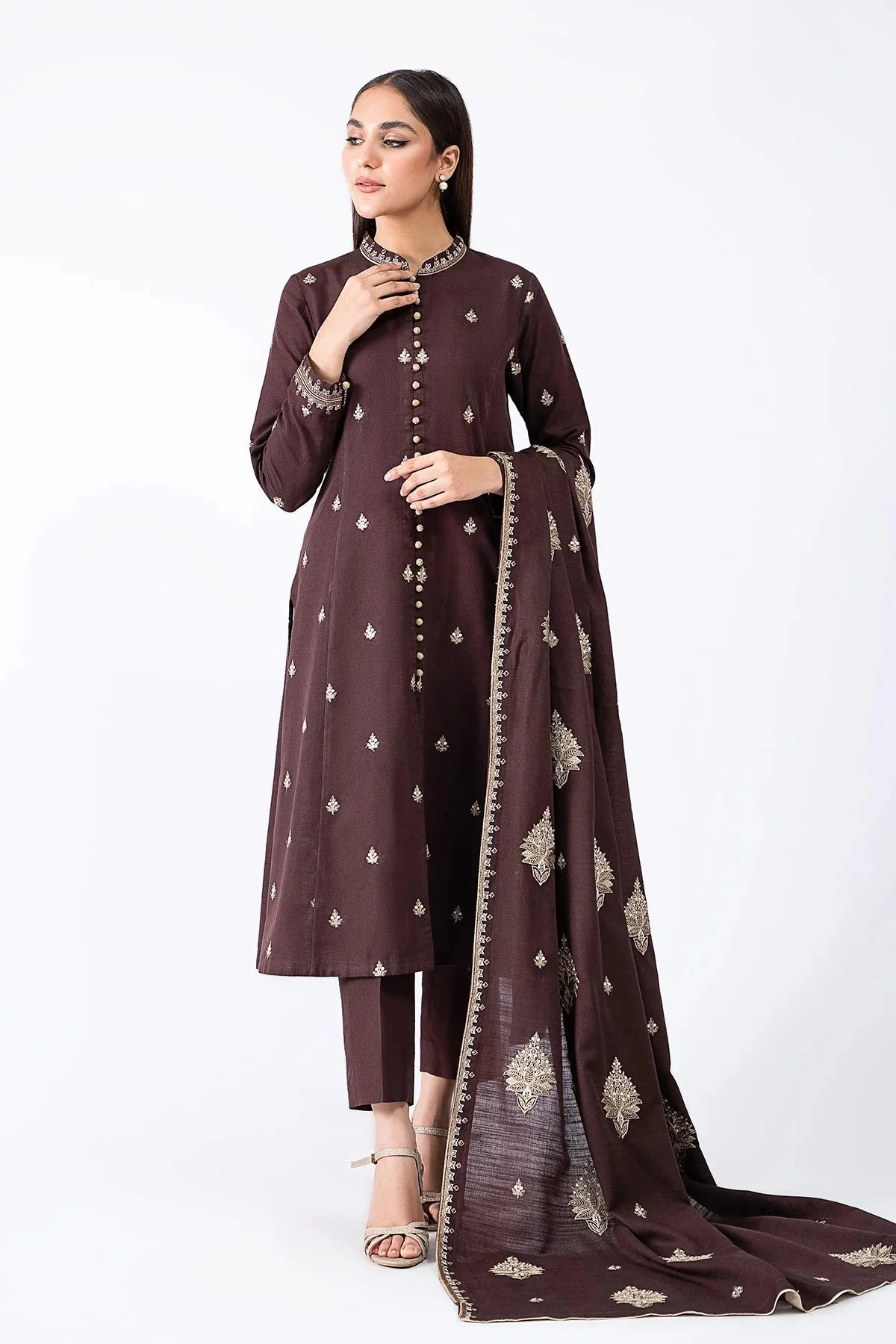 Winter 3 Piece Embroidered Dhanak Suit with Embroidered Dhanak Shawll WC604 - Image 2