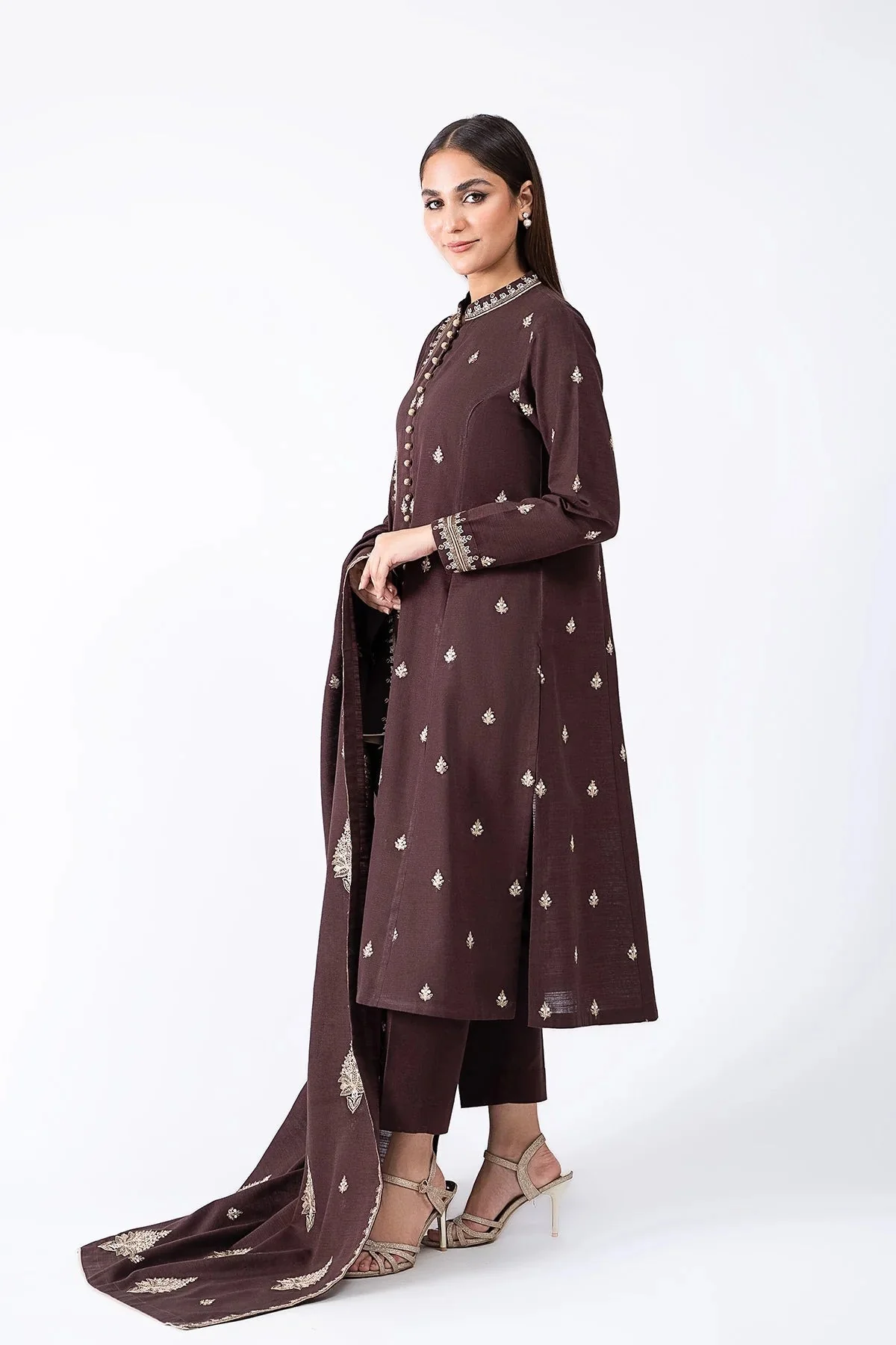 Winter 3 Piece Embroidered Dhanak Suit with Embroidered Dhanak Shawll WC604 - Image 3