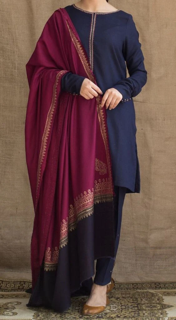 Winter Dhanak Dress with printed Shawll 3 Piece WC405 - Image 2