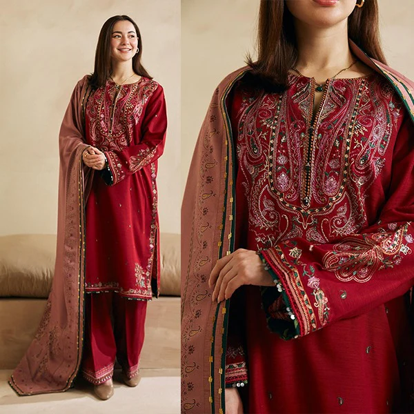 Zara Shahjahan Winter 3 Piece Embroidered Dhanak Suit with Heavy Embroidered Dhanak Shawll WC602