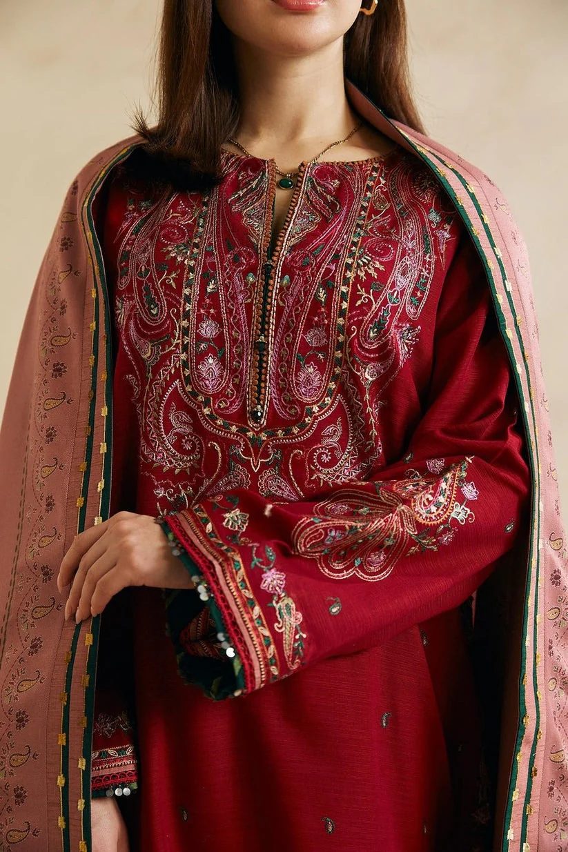 Zara Shahjahan Winter 3 Piece Embroidered Dhanak Suit with Heavy Embroidered Dhanak Shawll WC602 - Image 3